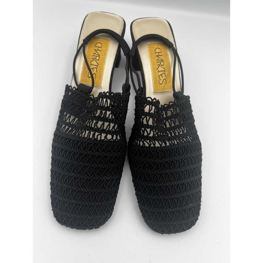 Vintage Charlies Black covered toes Open Knit open back Women's heels Size 6.5M